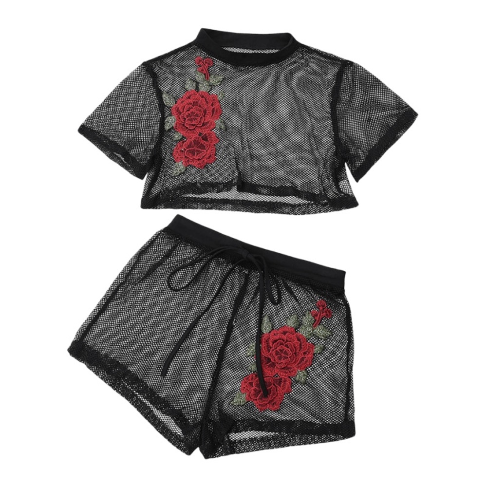 Patched Floral Mesh Crop Top With Shorts